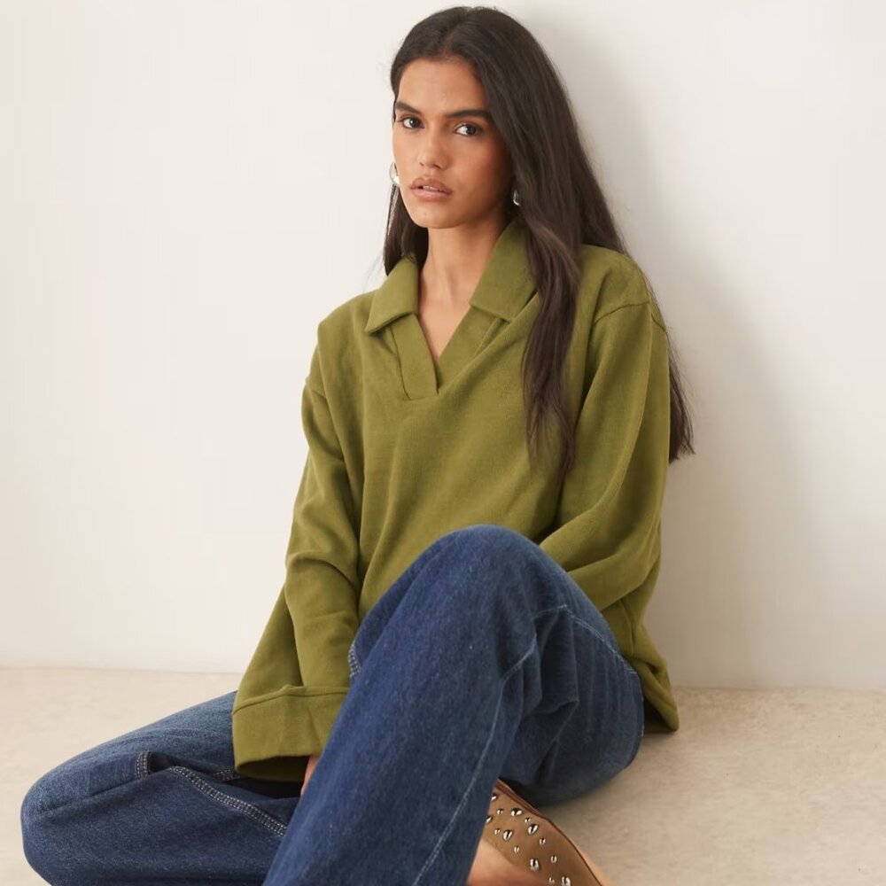 ASOS Supersoft rugby collar long sleeve tee in khaki